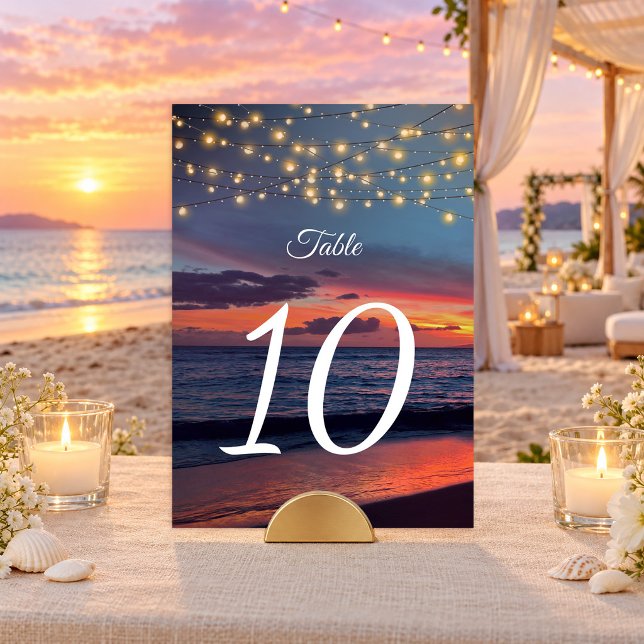 Elegant Sunset Beach String Light Summer Wedding Table Number (Creator Uploaded)