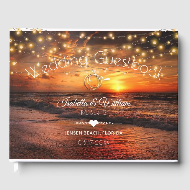 Elegant Sunset Beach String Lights Summer Wedding Guest Book (Front)