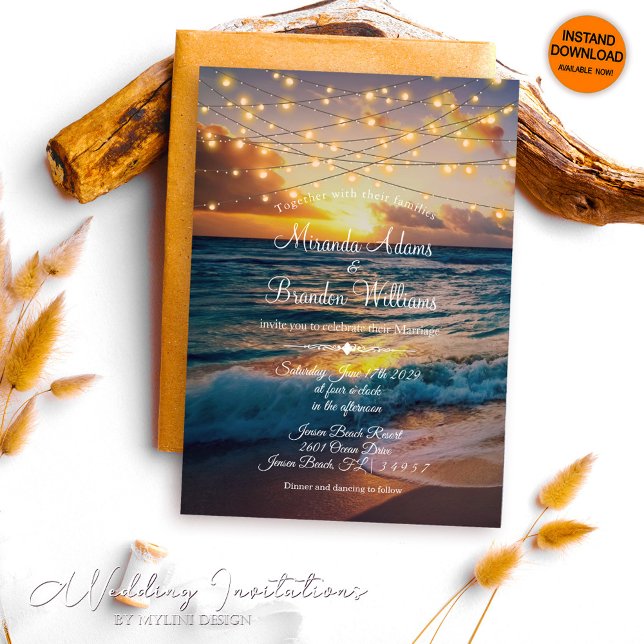 Elegant Sunset Beach String Lights Summer Wedding Invitation (Creator Uploaded)