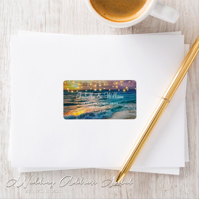 Elegant Sunset Beach String Lights Summer Wedding  Label (Creator Uploaded)
