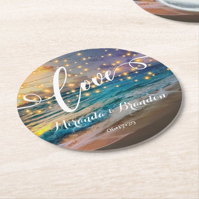 Elegant Sunset Beach String Lights Summer Wedding Round Paper Coaster (Angled)
