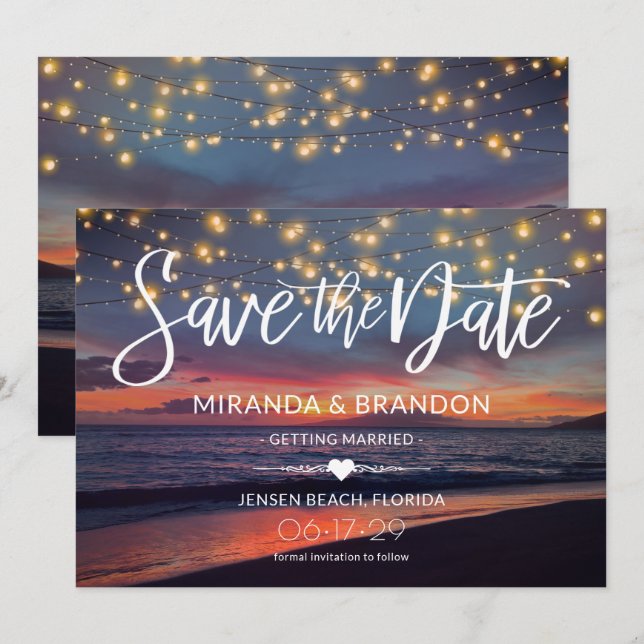 Elegant Sunset Beach String Lights Summer Wedding  Save The Date (Front/Back)