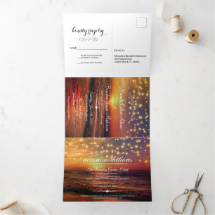 Elegant Sunset Beach String Lights Summer Wedding Tri-Fold Invitation