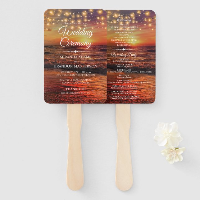 Elegant Sunset Beach Summer Wedding Program Hand Fan (Front and Back)