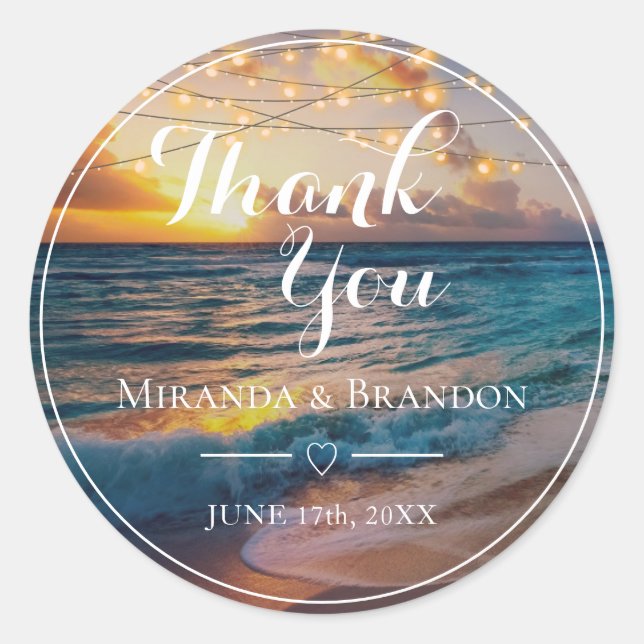 Elegant Sunset Beach Summer Wedding Thank You Clas Classic Round Sticker (Front)