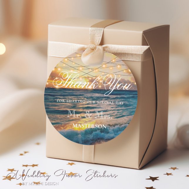Elegant Sunset Beach Summer Wedding Thank You Classic Round Sticker (Creator Uploaded)