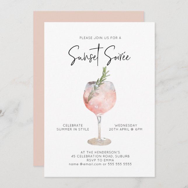 Elegant Sunset Soiree Drinks Cocktail Party Pink Invitation (Front/Back)