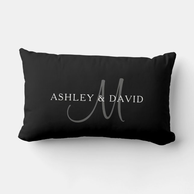 Elegant Surname Monogram | Black, Grey & White Lumbar Pillow (Back)