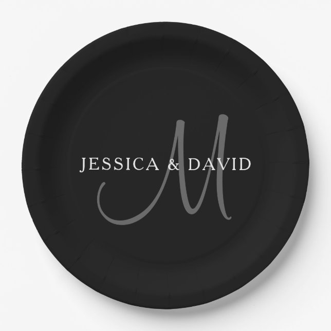 Elegant Surname Monogram | Black, Grey & White Paper Plate (Front)