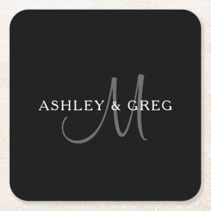Elegant Surname Monogram   Black, Grey & White Square Paper Coaster