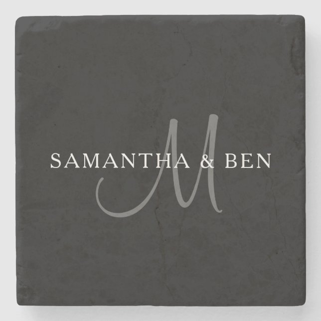 Elegant Surname Monogram | Black, Grey & White Stone Coaster (Front)