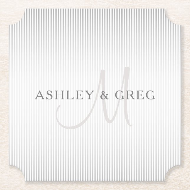 Elegant Surname Monogram & Thin Grey Stripes Paper Coaster (Front)