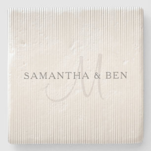 Elegant Surname Monogram & Thin Grey Stripes Stone Coaster
