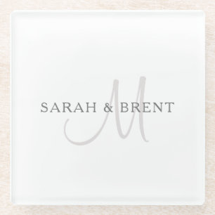 Elegant Surname Monogram   White & Grey Glass Coaster