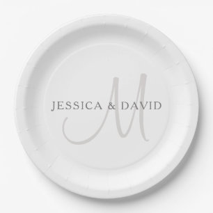 Elegant Surname Monogram White & Grey Paper Plate