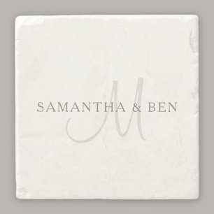 Elegant Surname Monogram   White & Grey Stone Coaster