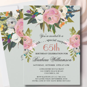 Elegant SURPRISE Handpainted 65th Birthday Party  Invitation