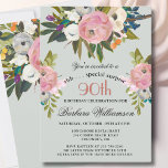 Elegant SURPRISE Handpainted 90th Birthday Party  Invitation<br><div class="desc">Start this special Surprise 90th birthday celebration in a elegant style with this beautifully hand painted invitation with colourful yet gentle flowers -- leading with blush pink and greenery, yet adding interesting other touches of colour. All of the text can be personalized for your party including the guest of honour's...</div>