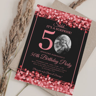 Elegant SURPRISE Photo 50th Birthday Party Red  Invitation