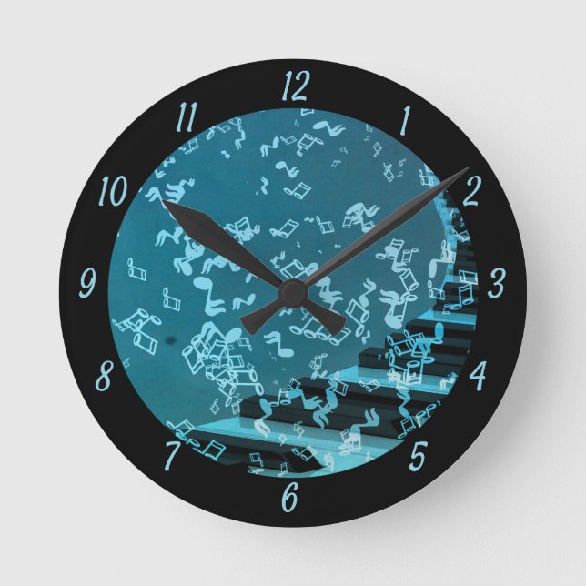 Elegant Surreal Music Notes Piano Black & Blue Round Clock (Front)
