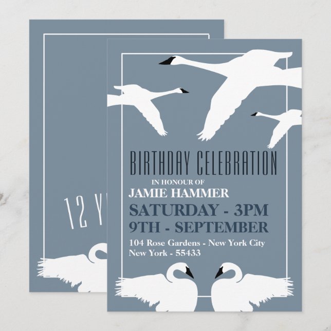 Elegant Swan, Birthday Invitation (Front/Back)