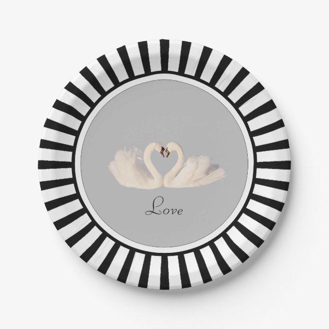 Elegant Swan Couple on Black & White Paper Plate (Front)
