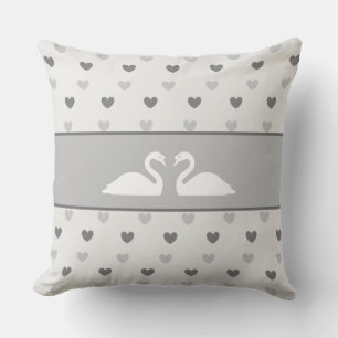 Elegant Swan Couple & Silver Grey Heart Pattern Throw Pillow