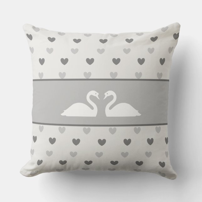 Elegant Swan Couple & Silver Grey Heart Pattern Throw Pillow (Front)