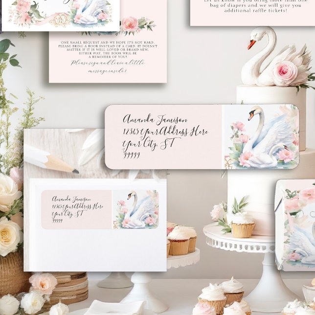 Élégant Swan Floral Pink Ribbon Adresse de retour (Créateur téléchargé)