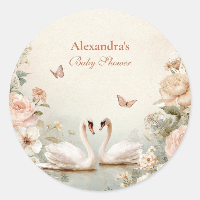 Elegant Swan Lake Floral Baby Shower Classic Round Sticker (Front)