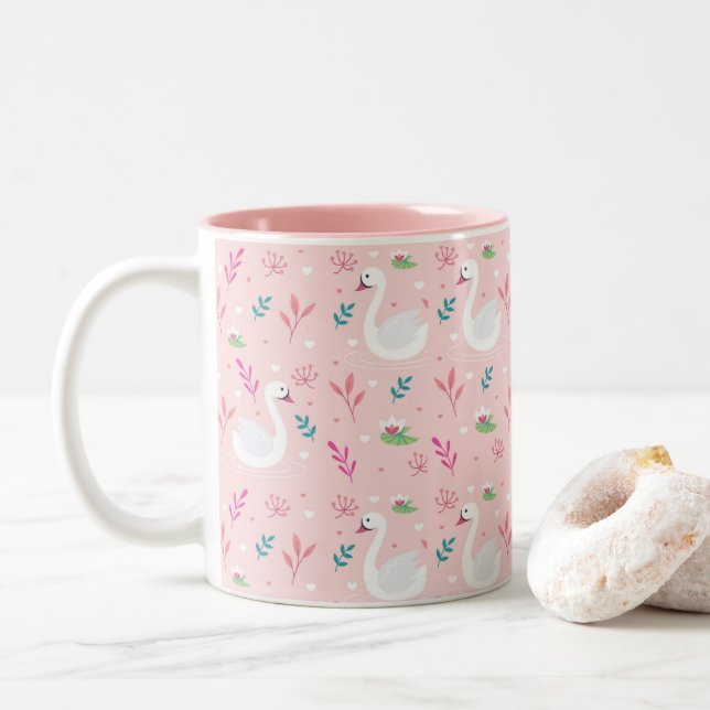 Elegant Swan Pattern Two-Tone Coffee Mug (With Donut)