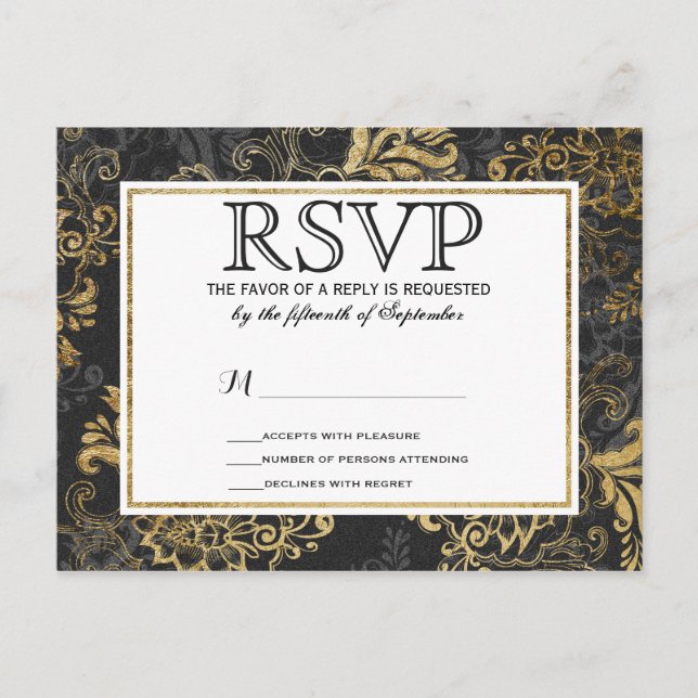 Elegant Swanky Faux Gold, Black, & Grey Floral Invitation Postcard (Front)