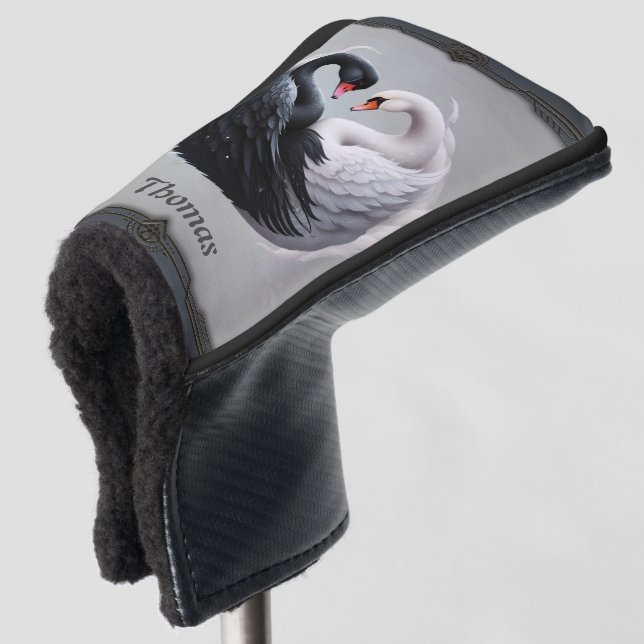 Elegant swans forning a heart together.  golf head cover (3/4 Front)