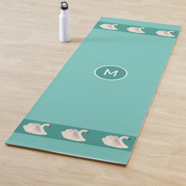 Elegant Swans & Monogram on Teal Yoga Mat (In Situ)