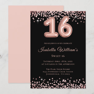 Elegant Sweet 16 Birthday Balloon Black Glitter Invitation