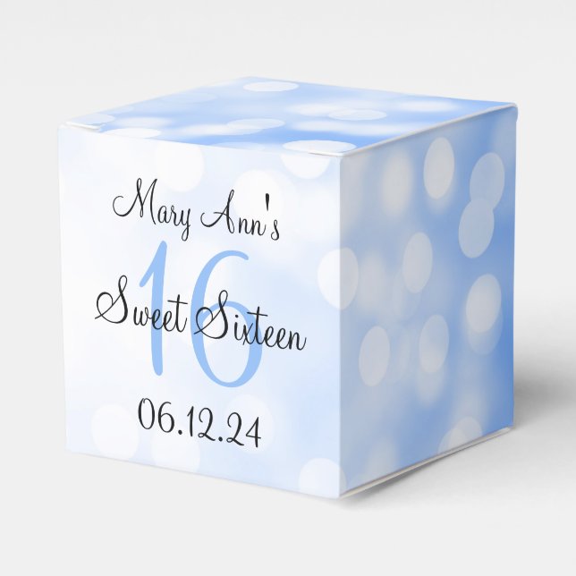 Elegant Sweet 16 Birthday Blue Glitter Lights Favor Box (Front Side)