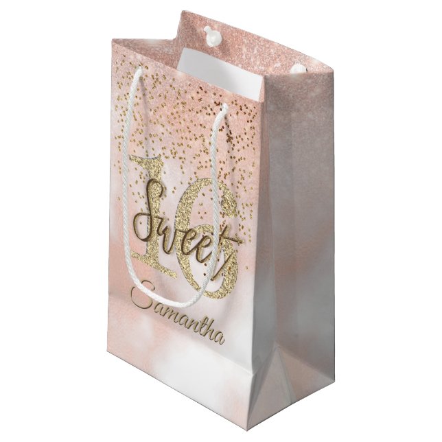 Elegant Sweet 16 Birthday Blush Pink Gold Glitter Small Gift Bag (Front Angled)