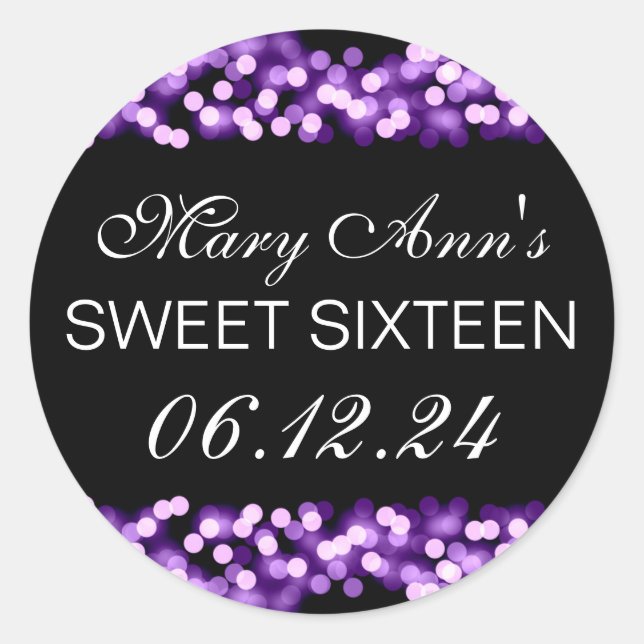 Elegant Sweet 16 Birthday Hollywood Glam Purple Classic Round Sticker (Front)