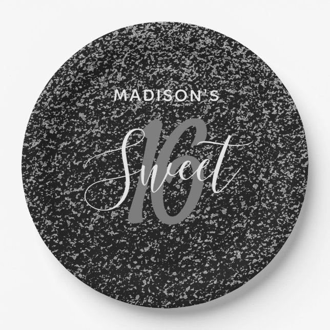 Elegant Sweet 16 Black Silver Specks Personalized Paper Plate (Front)