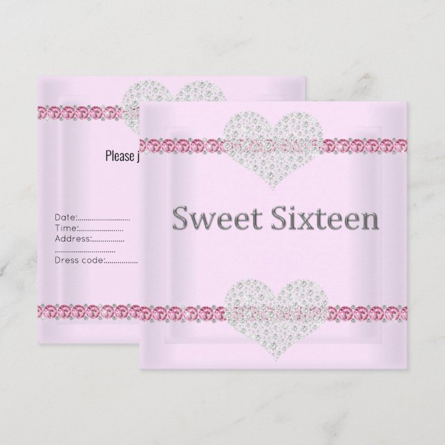 ELEGANT SWEET 16 Diamond Heart Pink Invitation (Front/Back)
