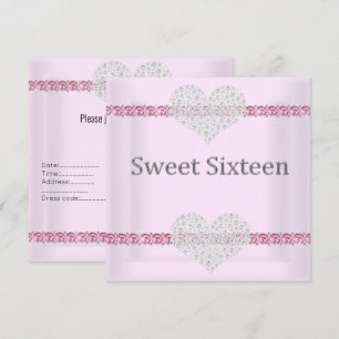 ELEGANT SWEET 16 Diamond Heart Pink Invitation