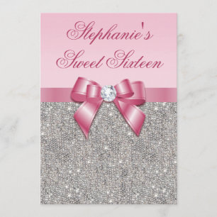 Elegant Sweet 16 Faux Silver Sequins Pink Bow Invitation