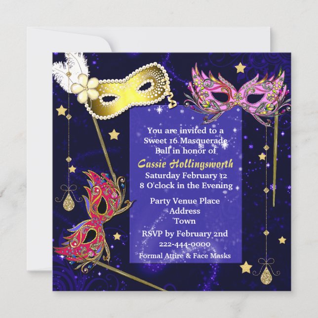 Elegant Sweet 16 Masquerade Ball Invitation (Front)
