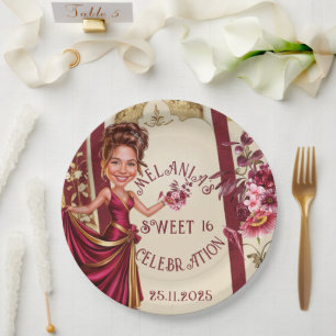 Elegant Sweet 16 Photo Caricature with Gold Accent Paper Plate