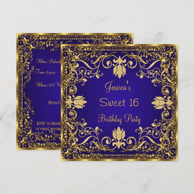 Elegant Sweet 16 Royal Blue Gold Invitation (Front/Back)