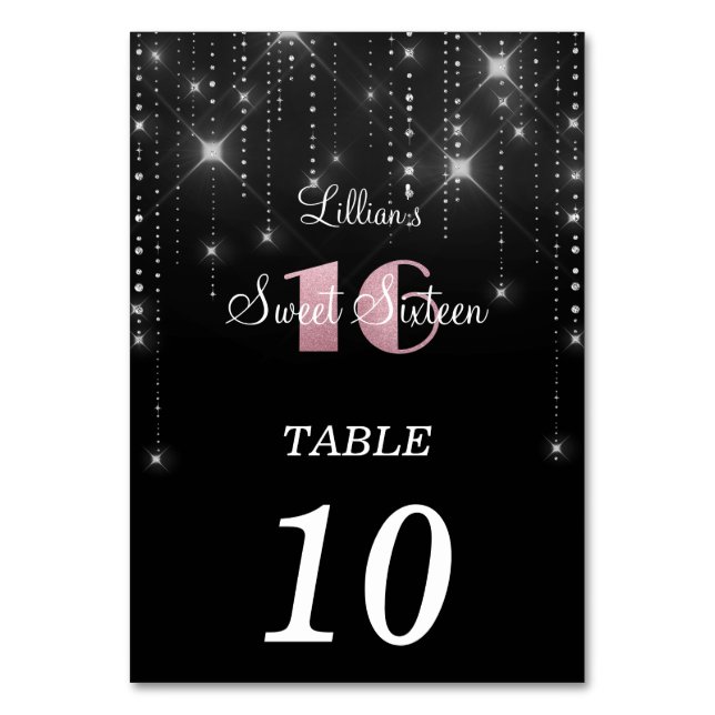 Elegant Sweet 16 table number card (Front)