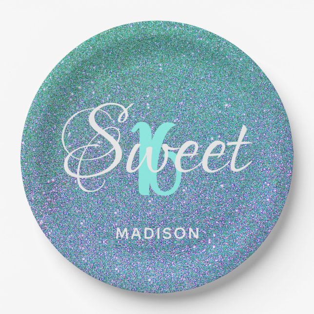 Elegant Sweet 16 Teal Blue Glitter Personalized Paper Plate (Front)