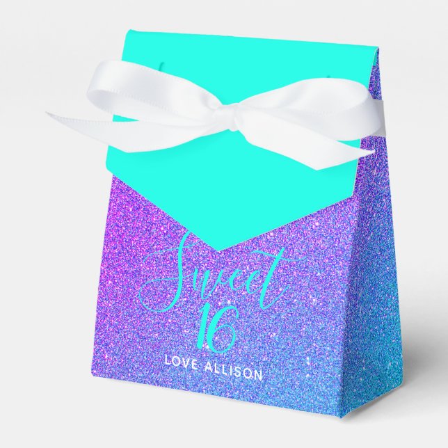 Elegant Sweet 16 Teal Purple Glitter Party Name Favor Box (Front Side)