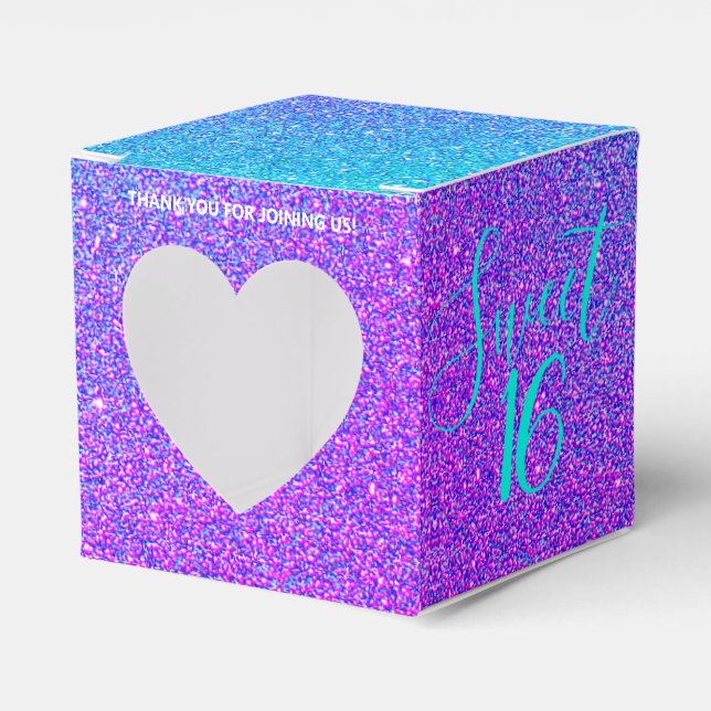 Elegant Sweet 16 Teal Purple Glitter Thank You Favor Box (Front Side)