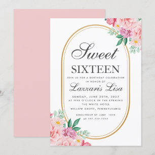 Elegant Sweet 16 Watercolor Pink Floral Birthday Invitation